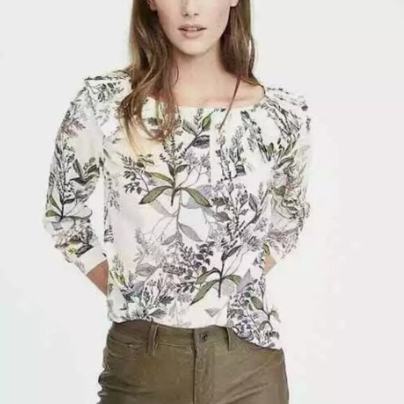 Banana Republic Asymmetrical Pleated Collar Long Sleeve Blouse Floral Petite M - Picture 2 of 16